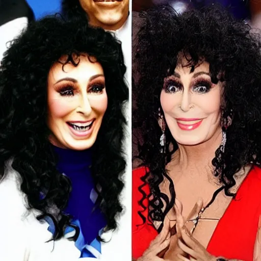 Prompt: a person who is a hybrid between cher and barak obama