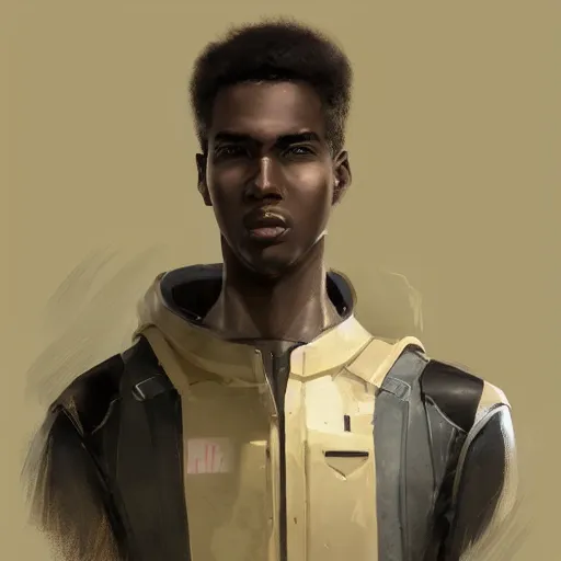 Image similar to portrait of a man by greg rutkowski, he is about 2 0 years old, mixture between afroamerican and japanese, afro hair, young, very tall and slender, he is wearing a futuristic police gear, highly detailed portrait, digital painting, artstation, concept art, smooth, sharp foccus ilustration, artstation hq