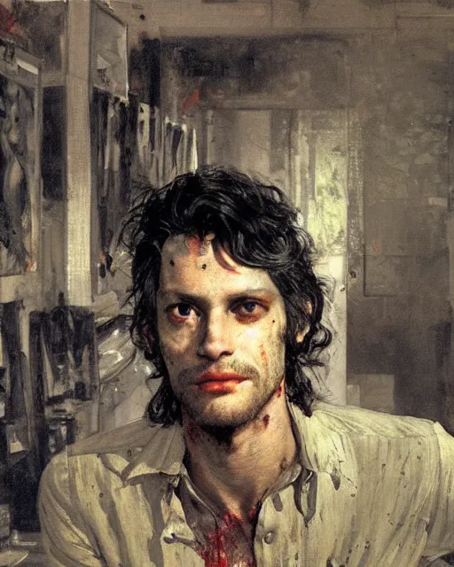 Prompt: a handsome but creepy man in layers of fear, with haunted eyes and wild hair, 1 9 7 0 s, seventies, wallpaper, a little blood, moonlight showing injuries, delicate embellishments, painterly, offset printing technique, by coby whitmore, jules bastien - lepage