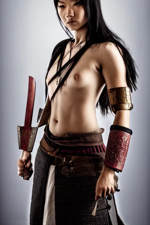 Image similar to full body portrait, thin but strong viking samurai woman, open shirt, 6 pack, symmetrical beautiful face, relaxed pose