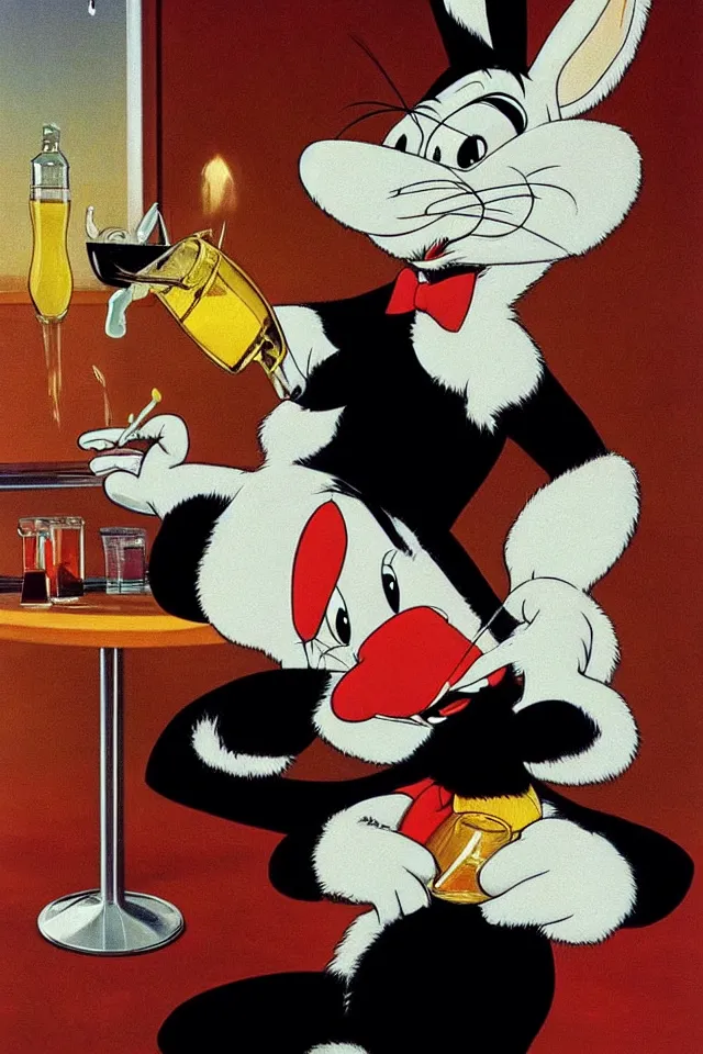 Image similar to Bugs Bunny Drinking Heavily At A Bar and Smoking, 2001: A Space Odyssey, Roger Deakin’s cinematography, by J. C. Leyendecker and Peter Paul Rubens and Edward Hopper and Michael Sowa