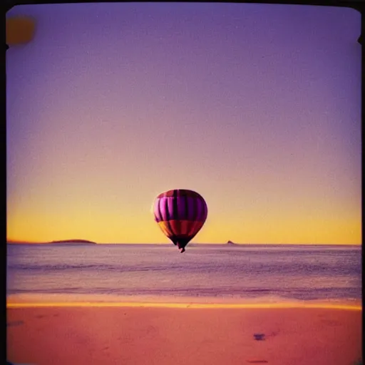 Image similar to a futuristic hot air balloon floats over a beach at violet and yellow sunset, whimsical and psychedelic art style, polaroid photo, grainy, colorful, expired film