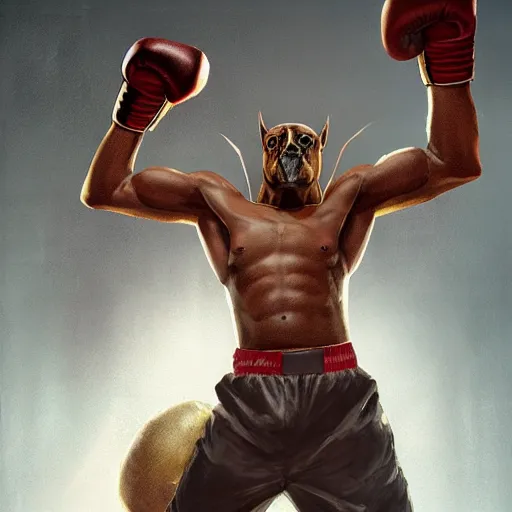 Prompt: anubis as a boxer ready to take on the world champ, boxing ring, strong spotlights, 4 k, trending on artstation, sakimichan, craig mullins, artgerm, greg rutkowski