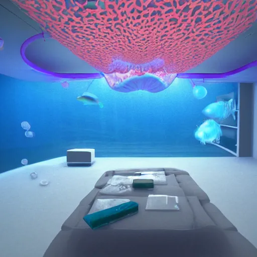 Image similar to the realistic photo of the modern room as aquarium with a big neonic jellyfish and corals, under the ocean, realistic colors, realistic shadows, daylight made in blender, hd, 3 d by beeple and damian hirst