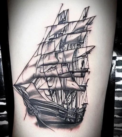 Image similar to a pirate ship, realism tattoo design, highly detailed tattoo, shaded tattoo, hyper realistic tattoo