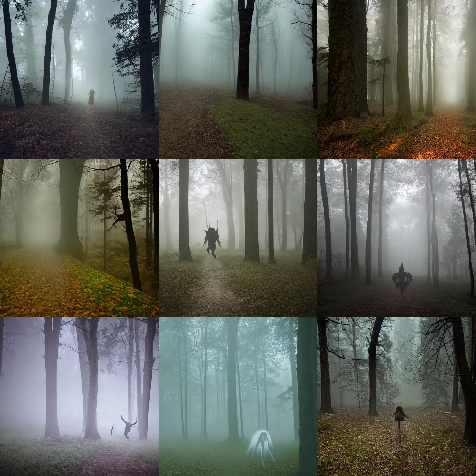 Prompt: a screaming demon is chasing you through the woods, light fog