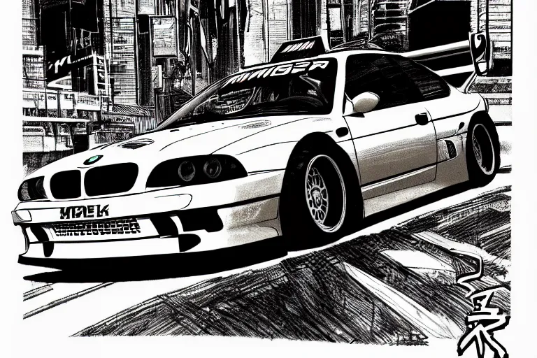 Image similar to bmw m 3 gtr, a page from cyberpunk 2 0 2 0, style of paolo parente, style of mike jackson, adam smasher, johnny silverhand, 1 9 9 0 s comic book style, white background, ink drawing, black and white