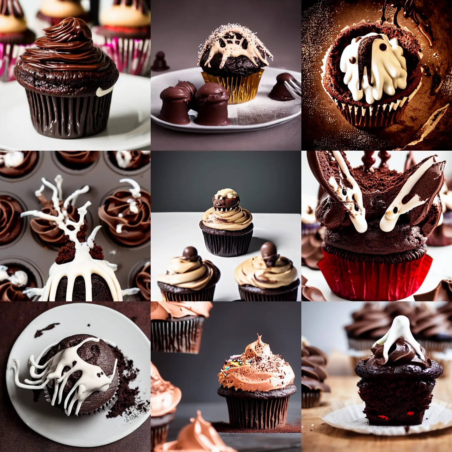 Prompt: a bone creature emerging from an exploding chocolate cupcake, eldritch, professional food photography