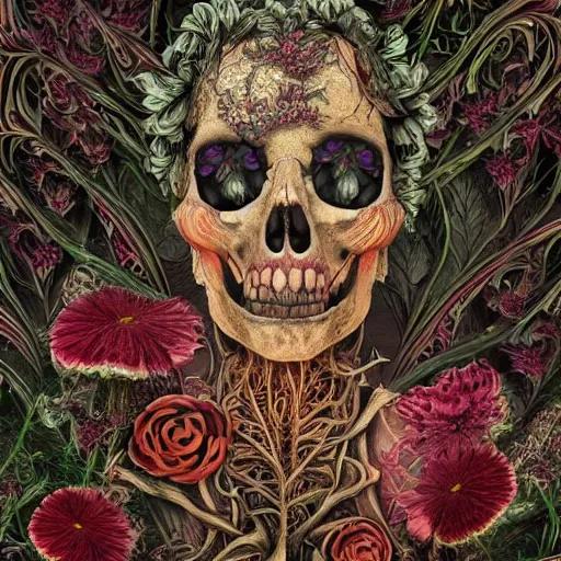 Image similar to a beautiful detailed photo of a rotten woman corpse morphing into fractal plants and fractal flowers and mushrooms, skull, 🌺, face muscles, veins, anatomical, intricate, ornate, volumetric light, beautiful lit, beetlejuice