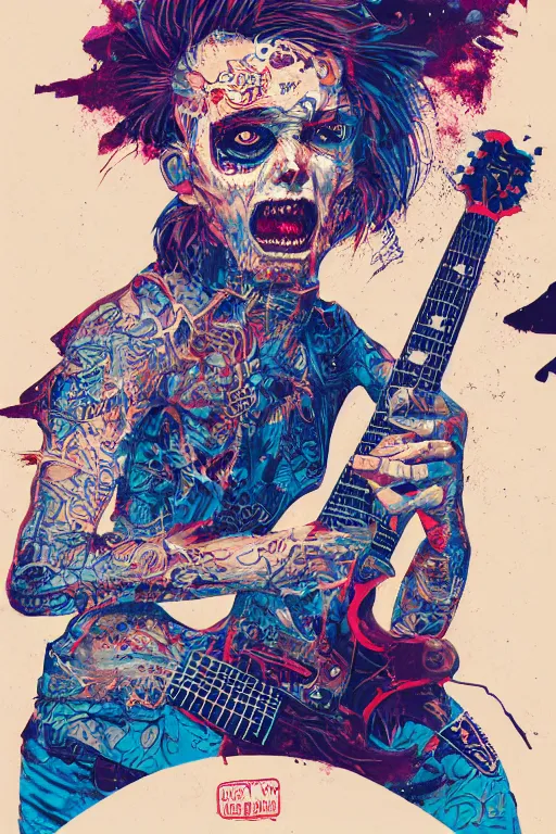 Image similar to risograph of a punk zombie playing guitar, tristan eaton, victo ngai, artgerm, rhads, ross draws, intricated details