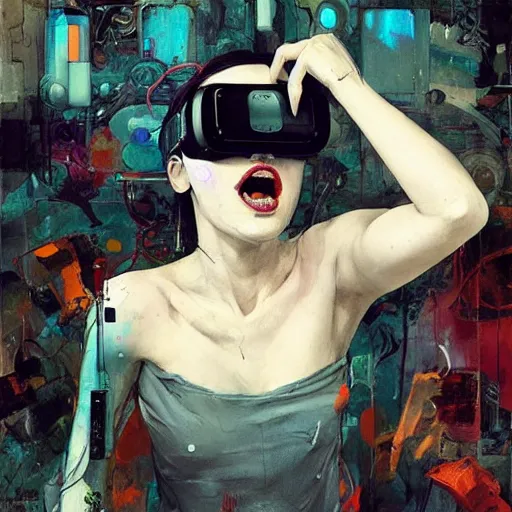 Image similar to woman in a vr headset, cyberpunk in the style of adrian ghenie, esao andrews, jenny saville, surrealism, dark art by james jean, takato yamamoto