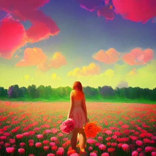 Image similar to large rose face, girl standing in a flower field, surreal photography, sunrise dramatic light, impressionist painting, colorful clouds, digital painting, artstation, simon stalenhag