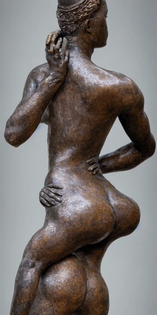 Prompt: photorealism full shot portrait of old bronze patina statue of most famous woman, full body portrait, bending poses, intricate, bokeh, detail, museum