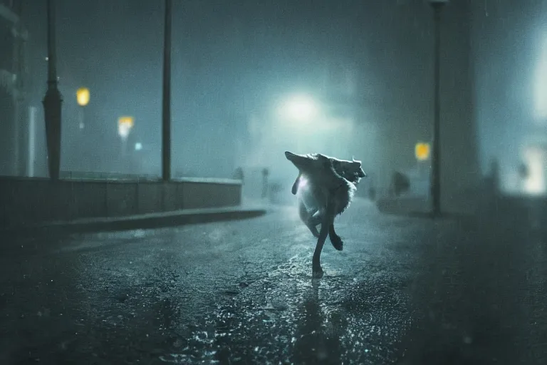 Image similar to an anthropomorphic male wolf running in the streets, night, rain, cinematic, photograph, volumetric lighting, f 8 aperture, cinematic eastman 5 3 8 4 film, photorealistic