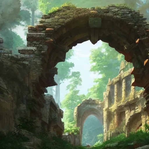 Image similar to concept art painting of an ornate ancient stone archway, in the woods, realistic, detailed, cel shaded, in the style of makoto shinkai and greg rutkowski and james gurney