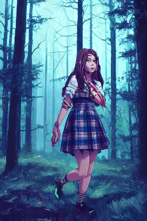 Prompt: sarah humpfrey as a girl in a dark forest, detailed plaid miniskirt, beautiful upper body, by dan mumford, anime style, octane render, trending on artstation