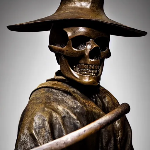 Image similar to close up shot of an old bronze patina statue of a skull wearing a samurai hat in a museum