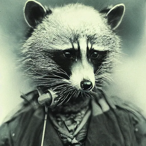 Prompt: old raccoon man, cyberpunk style, julia margaret cameron, colorized