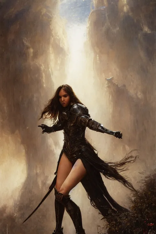 Prompt: dangerously agile jessica alba wearing black medieval armour, bare legs, detailed, by gaston bussiere, bayard wu, greg rutkowski, giger, maxim verehin, greg rutkowski, masterpiece, sharp focus, cinematic lightning