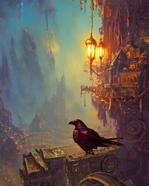 Prompt: a close - up stunning fantasy scene of a steampunk crow | highly detailed | very intricate | disney | magic the gathering | steampunk | dramatic romantic epic breathtaking whimsical magical | professional cinematic lighting | award - winning | painted by marc simonetti and anton fadeev and paul lehr and rhads and alena aenami | pastel color palette | featured on artstation