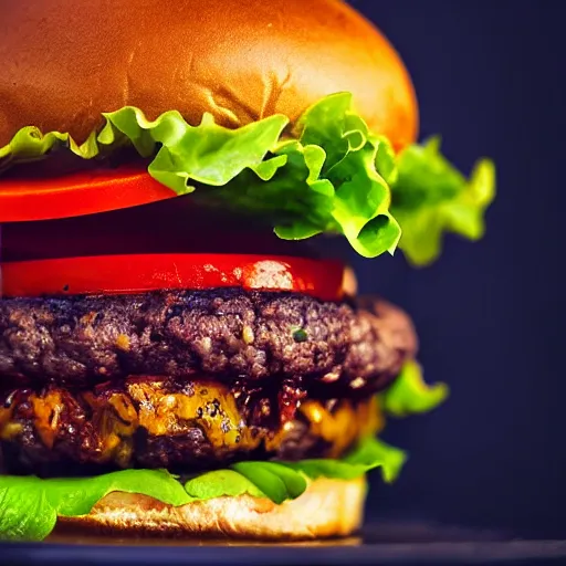 Image similar to very stacked burger, award winning photo, food photography, golden hour, holy