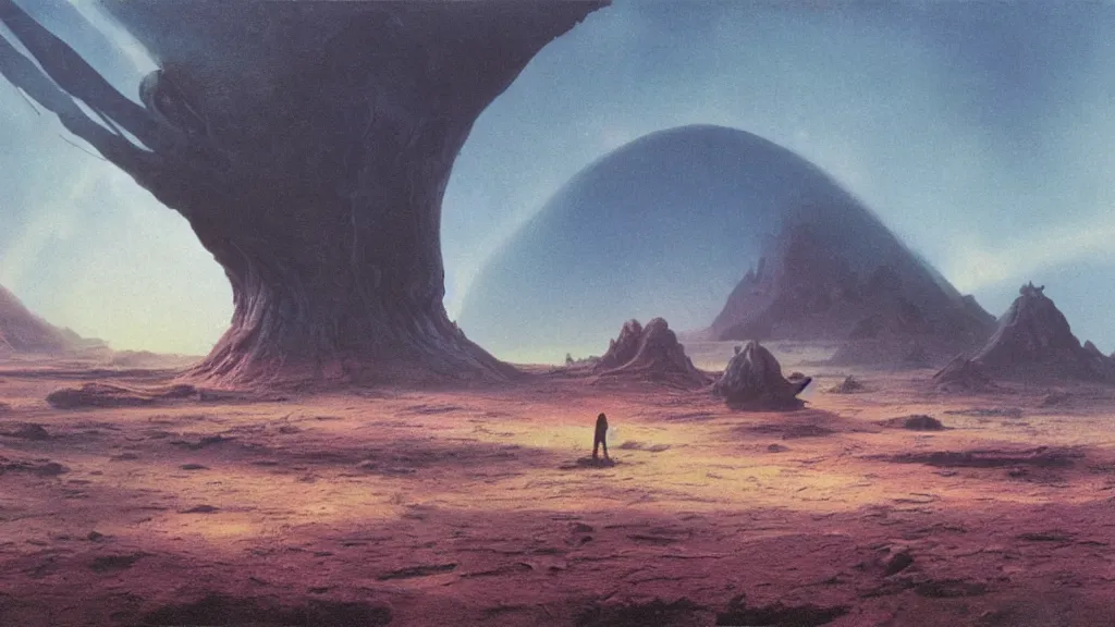 Image similar to otherworldly atmosphere of an evolving alien planet by arthur haas and bruce pennington and john schoenherr, cinematic matte painting