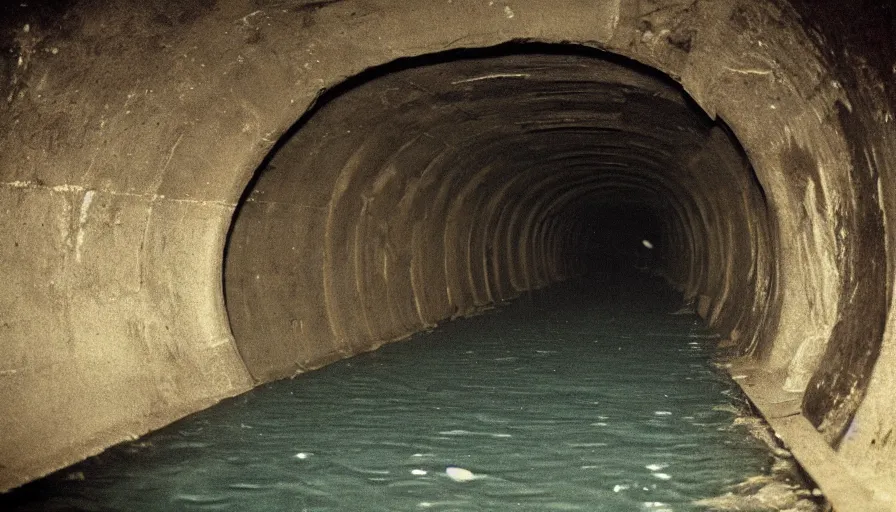Prompt: 7 0 s movie still of an empty soviet stalinist style tunnel flooded in water, eastmancolor, heavy grain, high quality, high detail