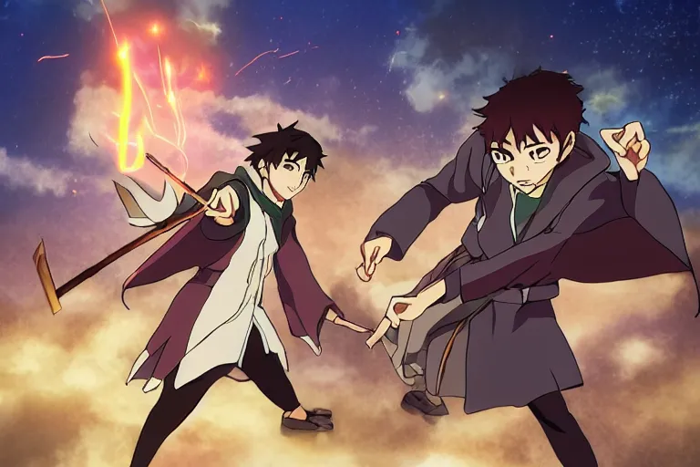 Prompt: cell shaded anime key visual of two apprentice wizards dueling, casting magic spells, in the style of studio ghibli, moebius, makoto shinkai, dramatic lighting