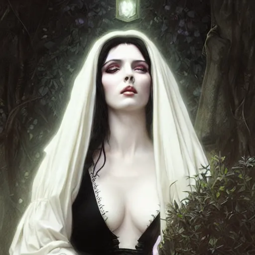 Prompt: beautiful striking Pre-Raphaelite goth Elvira Mistress of the Dark by Artgerm and Greg Rutkowski, pale, intricate, elegant, highly detailed, digital painting