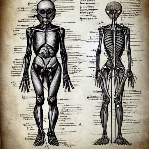 Prompt: anatomy of a normal alien, da vinci notes