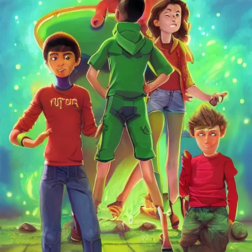 Prompt: a skinny young man with spikey brown hair and chubby young woman with short wavy brown hair and glowing green eyes as a super hero team, pixar cute, highly detailed, sharp focus, neon color, digital painting, artwork by Jeremiah Ketner + Mati Klarwein + Fintan Magee + Chris Mars, background artwork by greg rutkowski