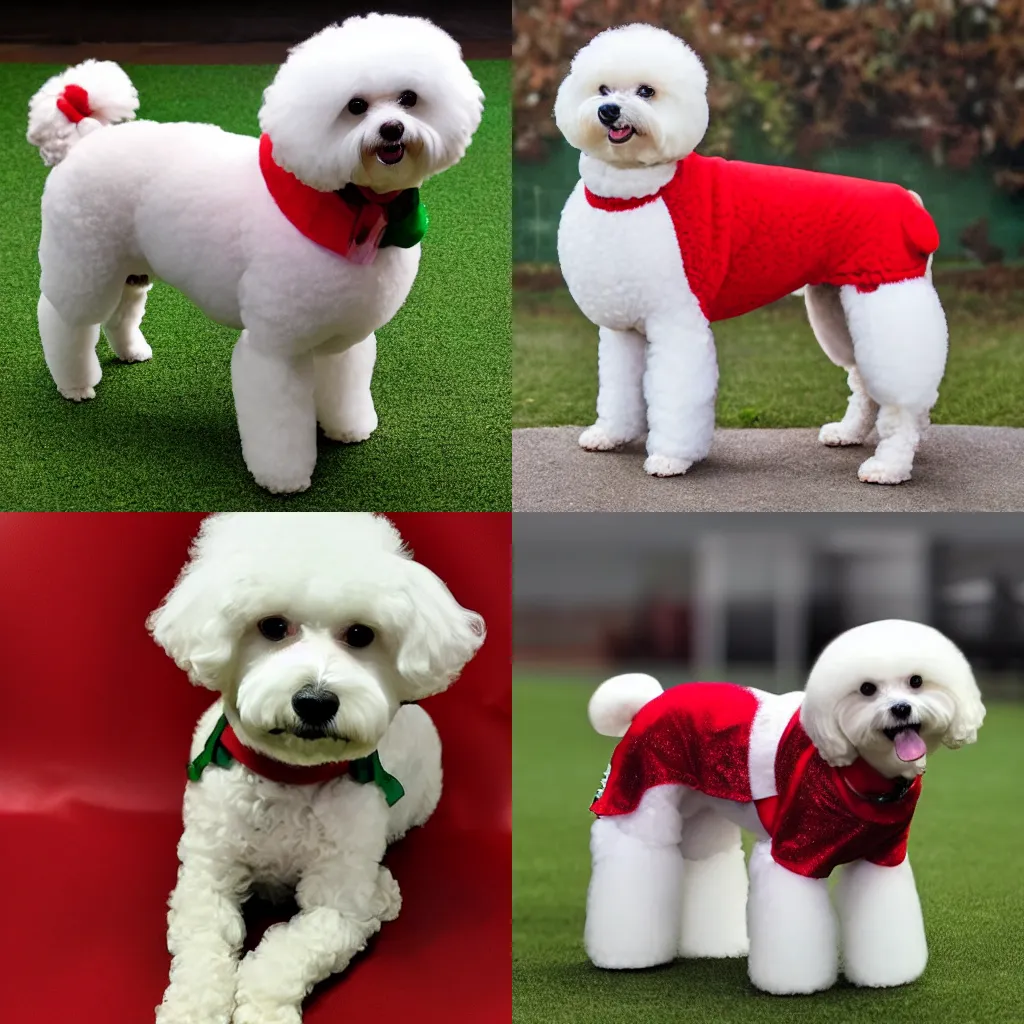 Prompt: Bichon Frise wearing a red and green colored jersey 4k