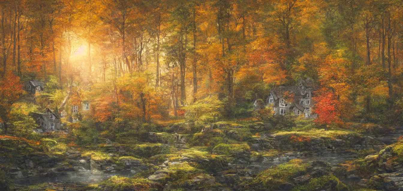 Image similar to a painting of sparse stone cottages underneath a dense tall forest, with pristine reflex from cascading ponds. gorgeous, elegant, sophisticated, an ultrafine painting, intricate brush strokes, bright depth oil colors, photography by araken alcantara. intense promiseful illumination, autumn sunrise warm light, detailed and intricate environment of hopeful bodyscapes