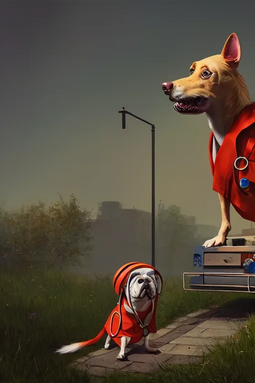 Prompt: dog dressed as a doctor, ultra hd, Painting By Simon Stalenhag, unreal 5, DAZ, hyperrealistic, octane render, dynamic lighting, intricate detail, summer vibrancy, cinematic