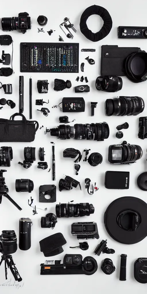 Prompt: knolling photography, studio producer, 30mm