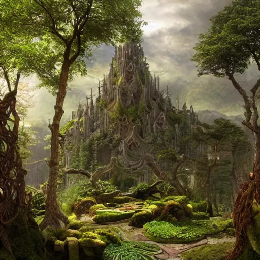 Image similar to a beautiful and highly detailed matte painting of an elven temple in a magical fantasy garden in a lush forest in the mystical mountains, celtic knots, intricate details, epic scale, insanely complex, 8 k, sharp focus, hyperrealism, very realistic, by caspar friedrich, albert bierstadt, james gurney, brian froud,