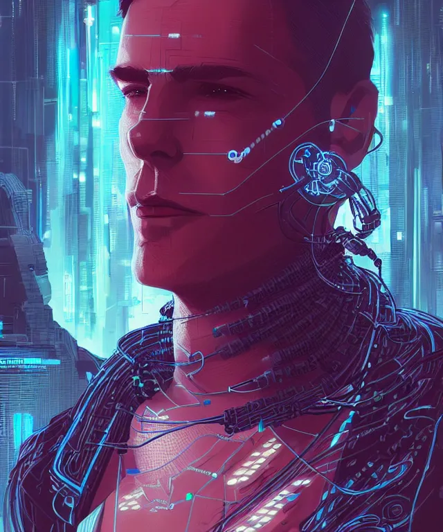 Image similar to a portrait of a male cyberpunk netrunner made of cables, fantasy, elegant, digital painting, artstation, concept art, matte, sharp focus, illustration, art by josan gonzalez