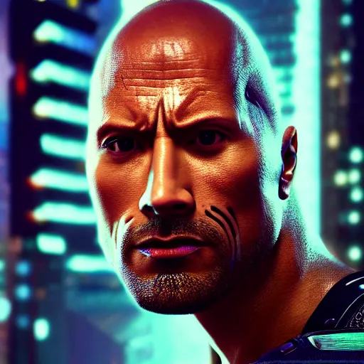 Image similar to dwayne johnson half - robot face, cyberpunk 2 0 7 7, photorealistic, ultra detailed, neon, octane, bokeh, cinematic lighting, cyber, cyberpunk city, studio quality, feature, scars, cyberface, 8 k