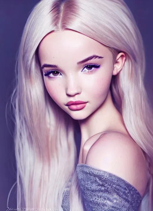 Image similar to a gorgeous female photo of a mix of dove cameron and madison beer, professionally retouched, soft lighting, wearing a feather dress, realistic, smooth face, perfect eyes, wide angle, sharp focus on eyes, full body centerfold, 8 k high definition, insanely detailed, intricate, elegant, art by artgerm and wlop