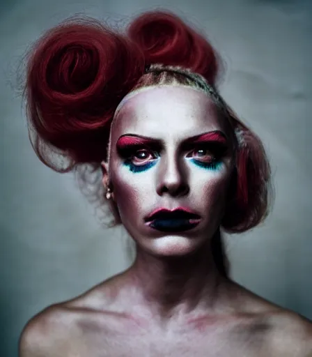 Image similar to a high quality, high detail, portrait of a drag queen by kyle thompson, intense look in the eyes, moody, nostalgic