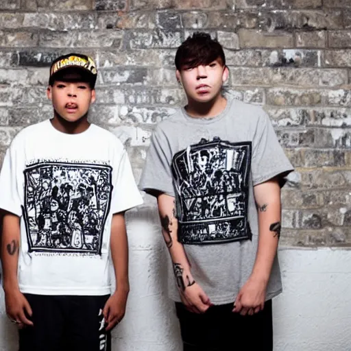 Image similar to teens wearing streetwear screenprinting shirts in their basement.