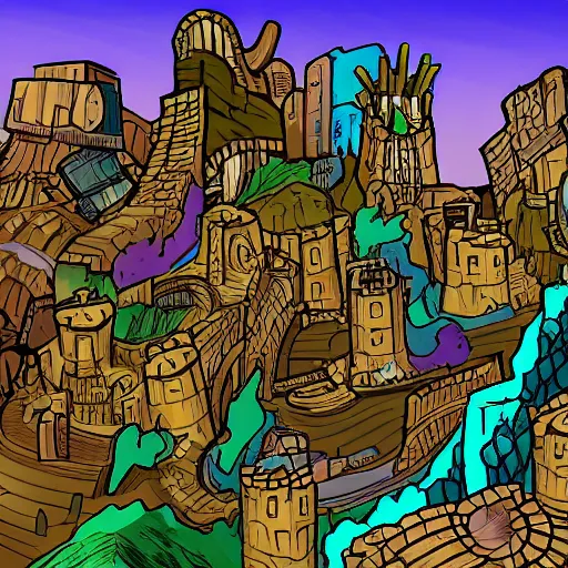 Image similar to fantasy stream punk city built into the side of a large mountain. high quality, detailed digital art