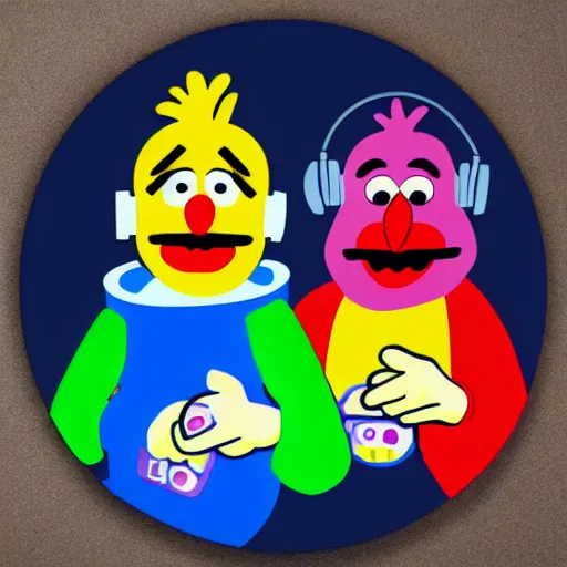 Image similar to svg sticker of a Pop-Wonder Bert&Ernie, Sesame-Street, at a rave, spinning records, giant headphones rocking out, wearing headphones, huge speakers, dancing, rave, DJ, spinning records, digital art, amazing composition, rule-of-thirds, award-winning, trending on artstation, featured on deviantart