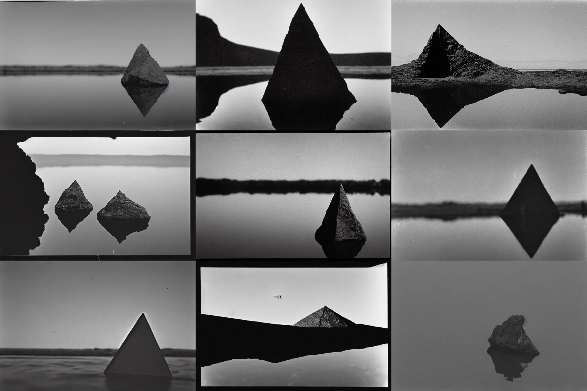 Prompt: declassified photograph of small obtuse triangular rock in still pond with silhouette of triangular classified aircraft, film grain, 3 5 mm lens, wales, government archive