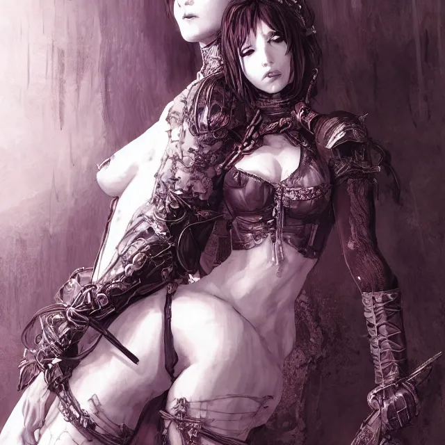 Image similar to the portrait of neutral evil fallen sensual female dark knight vagabond as absurdly beautiful, gorgeous, bloodlust, young idol, an ultrafine hyperdetailed illustration by kim jung gi, irakli nadar, intricate linework, bright colors, octopath traveler, final fantasy, unreal engine 5 highly rendered, global illumination, radiant light, detailed and intricate environment