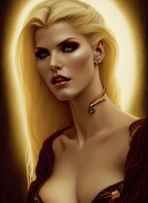 Image similar to portrait of model victoria silvstedt as a sultry vampire lady, jewelry, greek, emerald, intricate, headshot, highly detailed, digital painting, artstation, concept art, sharp focus, cinematic lighting, illustration, art by artgerm and greg rutkowski, alphonse mucha, cgsociety