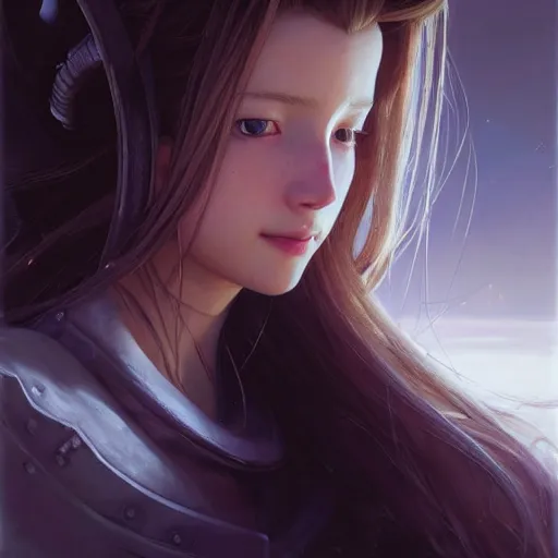 Image similar to Beautiful stunning portrait of Aerith Gainsborough by Greg Rutkowski. Aerith is hiding from a Shinra robot in the Reactor Core by Mark Arian. The Reactor Core is dark and stark and industrial by H.R. Giger. soft render, octane, highly detailed painting by Moebius. artstation Blank Canvas Scene by Tetsuya Nomura.