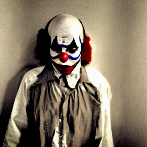 Prompt: creepy grunge disposable camera photo of a sad clown | horror | nightmare