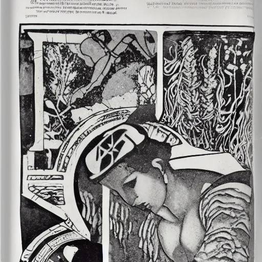 Prompt: 1925 xerox fanzine cutout collage, ancient greek, morning time on Jupiter, punk party, aquatical plants, grafitti, painted part by Tolkien, part by Leonardo DaVinci, part by moebius, composition by Jules Verne, 35mm, graflex