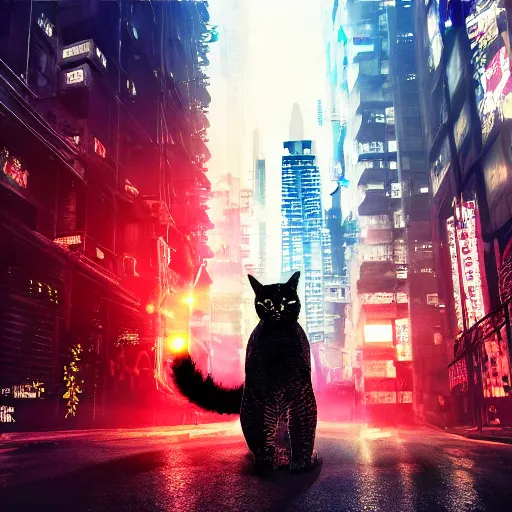 Image similar to bombay cat attacking a cyberpunk city like godzilla, cinematic, colorful, funny, chaotic, 8 k, computer wallpaper.